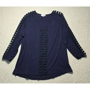 Shannon Ford New York Navy Blue Crochet Trim Long Sleeve Top Plus Size 1X